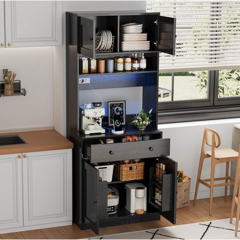 Aparador alto de cocina 180 cm en MDF negro con LED, enchufes, cajón y estantes (1/5)