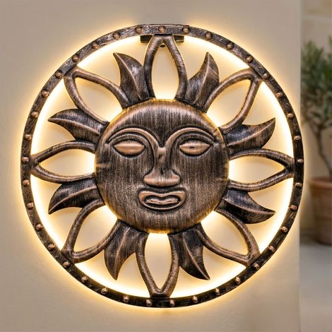Solar Wandbild Sonne in bronze mit 25 LED - 37 cm - Metall Wanddeko für Außen warm weiß beleuchtet - Garten Deko Wand