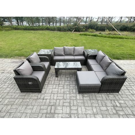 Fimous 9-Sitzer Polyrattan Sofa Set Outdoor Patio Gartenmöbel mit 2 Liegestühle Couchtisch 2 Beistelltischen 2 Großer Hockern Dunkelgrau Gemischt (1/5)