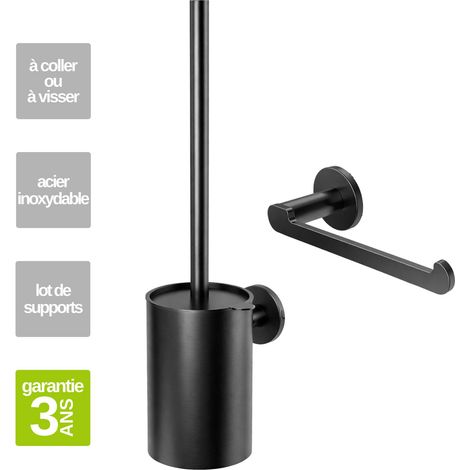 Porte-balai WC et Porte papier toilette - acier inoxydable S.304 noir mat - Fixation Collée ou Vissée (1/5)