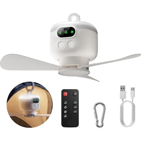 Ventilateur de tente portable rechargeable 8000 mAh 3 pales amovibles crochet de suspension 4 vitesses pour camping extérieur plage gazebo blanc (1/5)