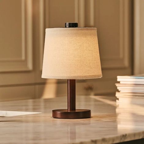 Lampe à Poser Rechargeable Sans Fil en Bois Marron Foncé et Mélange de Lin à Intensité Variable - PANGIVO (1/5)