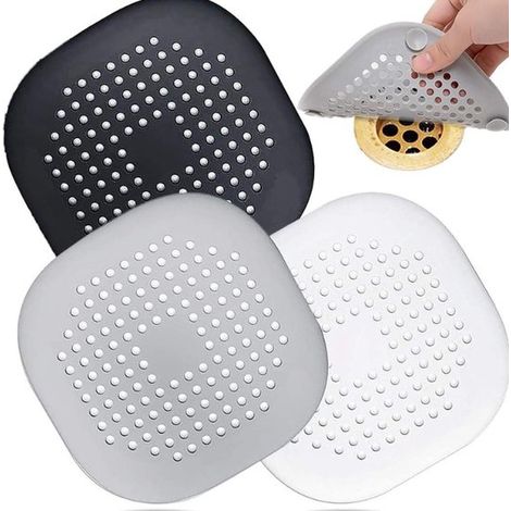 Filtro di scarico in silicone con raccoglitore di capelli per docce e vasche da bagno - Set da 3 pezzi - Grigio (1/5)