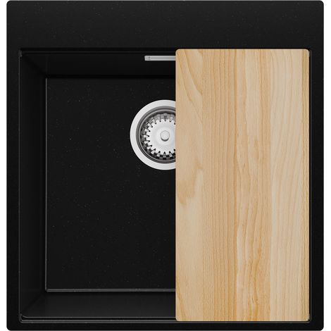 PRIMAGRAN Evier Cuisine en Granit 48x50cm,Lavabo 1 bac + Kit de Vidage + Planche à Découper, Évier à Encastrer au meuble 50cm - Oslo, Noir Métallisé (1/5)