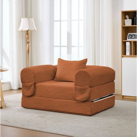 Lit banquette 1 place convertible sans outil, fauteuil pliant gain de place pour salon, tissu côtelé orange (1/5)