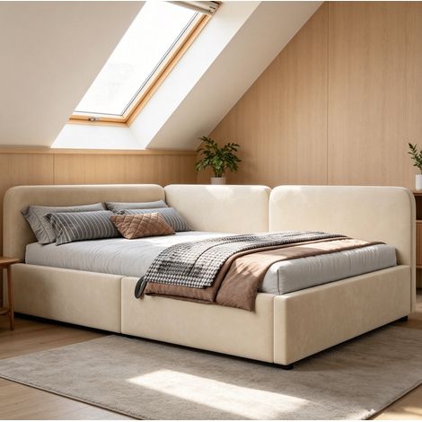 Letto contenitore 140x200 in velluto beige, testiera alta, letto contenitore sollevabile OKWISH (1/5)