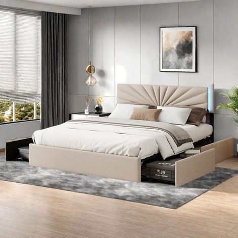 Bett Erwachsene 160x200 cm - Schubladen - LED - Kopfteil aus beigem Stoff - Modernes und luxuriöses Design
