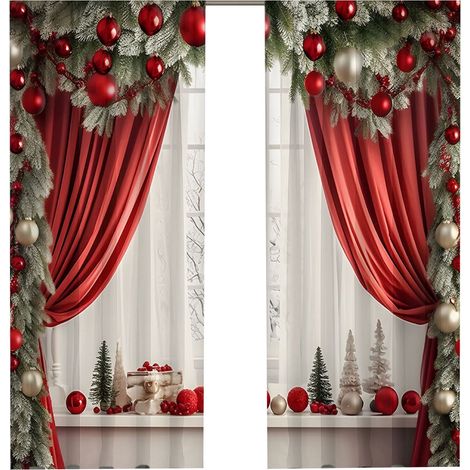 Rideaux De Noël - Rideaux Blocants Thermiques Avec Motif Boules Et Arbres De Noël - Pour Salon Chambre - Lot De 2 (1/2)