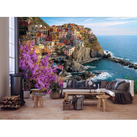 Fototapete Stadt Ozean Blumen, für Wohnzimmer und Schlafzimmer, 300 x 210 cm – Komplettset inkl. Kleister & Anleitung (1/5)