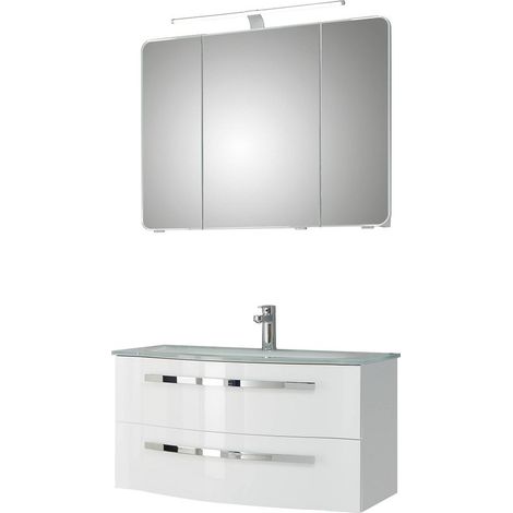 Badezimmer Waschplatz-Set FES-4005-66 Möbel in Hochglanz Lack Polarweiß, Waschbecken & Spiegelschrank - B/H/T: 92/200/49,1cm (1/5)