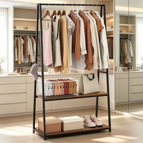 Freestanding Clothes Rack with 2 Storage Shelves, Brown Garment Rail for Home Bedroom (1/5)