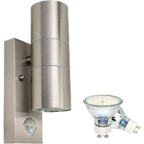 Outdoor wall light with PIR motion detector, IP44 rated, stainless steel, with 2 x GU10 5W bulbs, warm white/3000k (1/5)