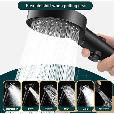 5 Mode Pommeau de Douche,Douchette à Main Set,Shower Head Economie Deau Avec Bouton Stop Haute Pression Plusieurs Jet (Noir)) (1/3)