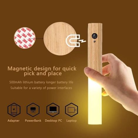 Veilleuse À Détecteur De Mouvement - Capteur Corps Humain + Photo-sensible - Applique Murale En Bois Et Plexiglas Givré - Rechargeable Sans Fil - 3000 K - 1 Pièce (1/4)