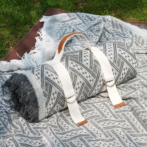 Couverture de pique-nique - Motif Bohème Vintage - Dessous Oxford Imperméable - Convient Pour 6-8 Personnes - Pour Parc/Plage/Camping/Festival - Avec Sangle de Transport - Pour Familles/Couples - Gris (1/5)