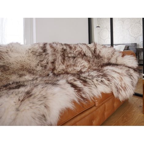 Alfombra decorativa gigante de piel de oveja Triple X Mouflon blanca y marrón, de piel de oveja auténtica, 64" x 46". ¡Natural, muy gruesa y brillante (1/5)