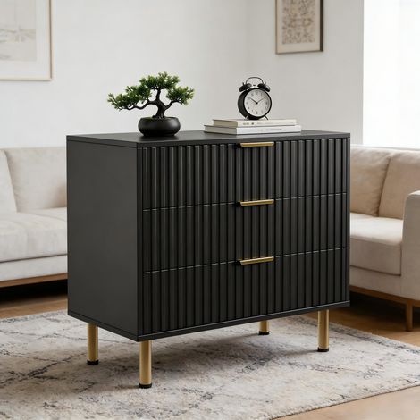 Commode design façade cannelée, 3 grands tiroirs bois profonds, poignées métalliques, pour salon, chambre et entrée (1/5)
