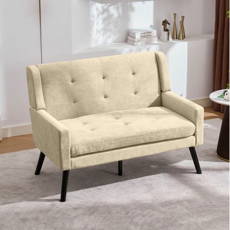 REDOM - Banquette 2 places, capitonnage décoratif, coussin en mousse haute densité, pieds en bois massif antidérapants, lin beige (1/5)