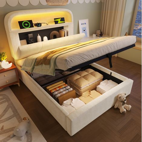 Lit coffre 90x200 avec tête de lit LED velours beige HAVRYA (1/5)