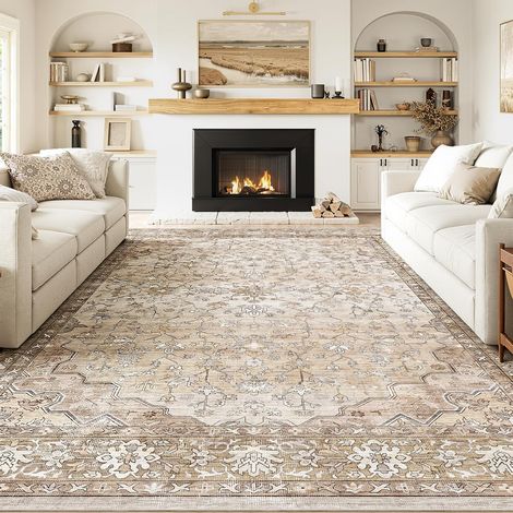 Tapis Beige Vintage 200 x 300 cm Velours Court Lavable en Machine, Bohème Antidérapant et Doux, pour Salon, Chambre, Salle à Manger, Bureau (1/5)