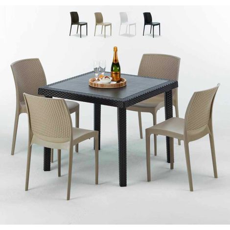 Table Carrée Noire 90x90cm Avec 4 Chaises Colorées Grand Soleil Set Extérieur Bar Café Boheme PASSION - Beige (1/5)