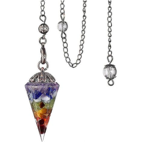 Pendule de radiesthésie en cristal à 7 chakras, pointe conique à facettes, compatible avec la radiesthésie, la divination et la guérison par les cristaux. (1/5)