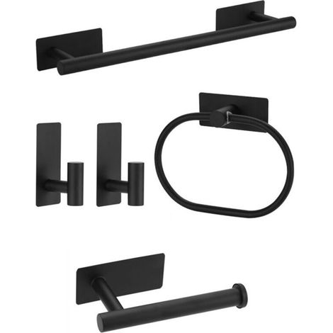 Lot de 5 porte-serviettes muraux de salle de bain, accessoires de salle de bain, anneaux à serviettes en acier inoxydable, aucun trou nécessaire, noir (1/4)