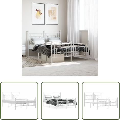 vidaXL Lit avec tête et pied -  Cadre de lit métal sans matelas et pied de lit blanc 135x190 cm (1/5)