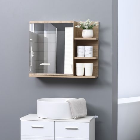 kleankin Armoire Miroir de Salle de Bain avec étagère - 3 étagères latérales - kit Installation Murale fourni - Panneaux Particules Aspect chêne Clair