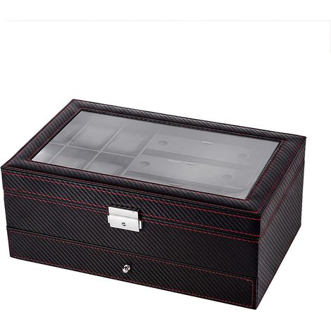 Watch Box Watch Storage Jewelry Box 2 Layer Glass Lid Lockable Display Black (1/5)