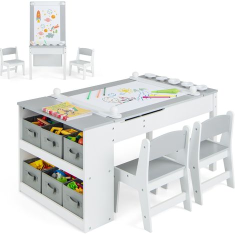 Set tavolo e sedia da disegno per bambini, Tavolo artistico con piano sollevabile 6 contenitori rullo di carta Grigio (1/3)