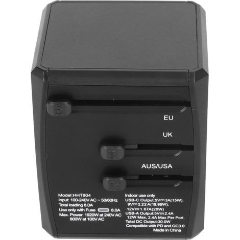 Adaptateur secteur universel avec ports USB-C et 8 A, compatible USA, UE et Royaume-Uni, 100-240 V, noir. (1/5)