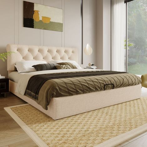 Lit double 160x200cm avec rangement, tête réglable, sommier métal et matelas inclus (1/5)