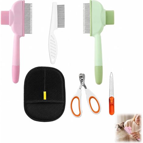 6 Pieces Cat Comb Anti-Flea Self-Cleaning Brush Nail Clippers and File Grooming Gloves for Short and Long Hair, Removes Dead Hair, Dandruff, Fleas Complete Tool for Home Care (1/5)
