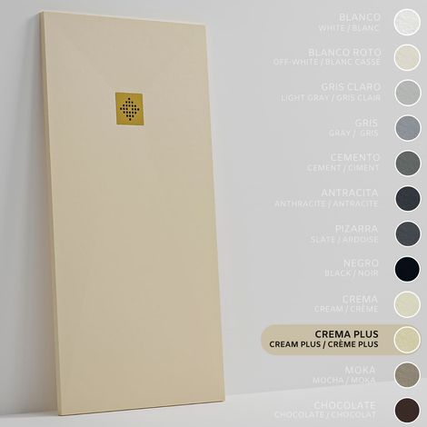 SOULHOME Duschwanne - Mineralguss & Gel Coat - Stein-Struktur - Rutschfest - Intensive Creme - 70X70- Extraflach 3cm - Inklusive Ablassventil - Goldenes Ablaufgitter