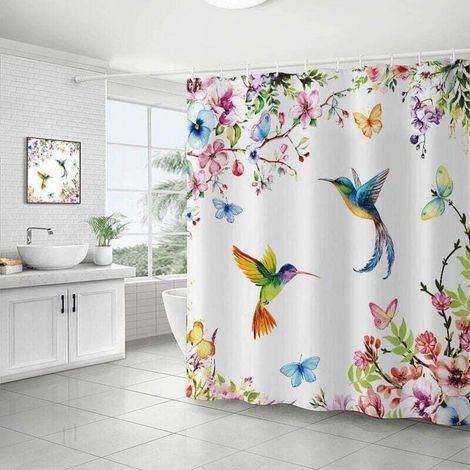 180 x 180 cm Watercolor Floral and Hummingbird Pattern Shower Curtain for Bathroom - Polyester Shower Curtain with Hooks - Pink MUMU (1/4)