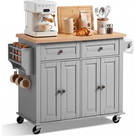 Desserte de Cuisine à Roulettes Îlot Mobile Rangement avec 2 Tiroirs et Placard Porte-Épices 111x45x82,5cm Bois Gris (1/5)