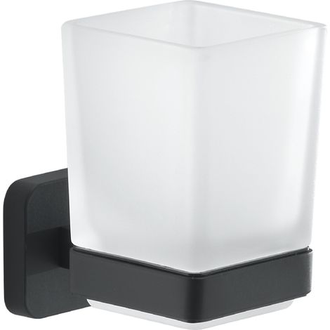 GEDY Porta Spazzolino Tonga, Bicchiere Porta Spazzolino in Acciaio Inox, Cromall e Vetro Satinato, Fissaggio con Viti Incluse o Biadesivo, Nero Matt, 6,4x9,7x10,5cm (1/3)