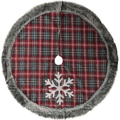 Schneeflocken-Weihnachtsbaumständer-Überzug, Weihnachtsbaumdecke mit dickem Kunstfellrand, rot-schwarzer karierter Jute-Teppich für Weihnachtsdekorationen, 120 cm (1/5)