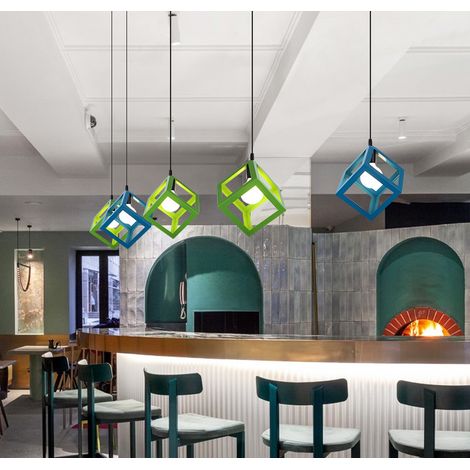Stoex – Suspension luminaire cube en métal vintage bleu – 22 x 16 cm – Type E27 jusqu'à 60W – Longueur câble 100 cm – Pour espaces modernes et rétro (1/5)