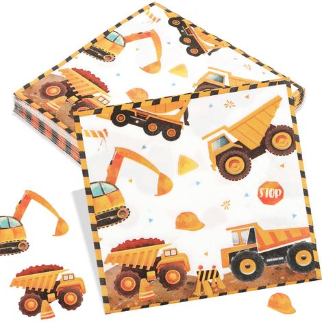Lot de 30 serviettes de table 33 x 33 cm, motif : chantier de construction, tracteur, jetables, motif : camion de chantier, bulldozer, pour anniversaire d'enfant, garçons et filles, vaisselle (1/5)