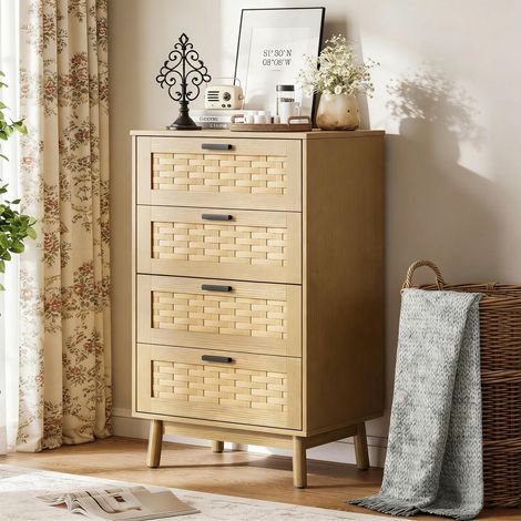 Commode 4 tiroirs bois, chiffonnier rotin, pieds chêne, rangement chambre adulte, salon (1/5)