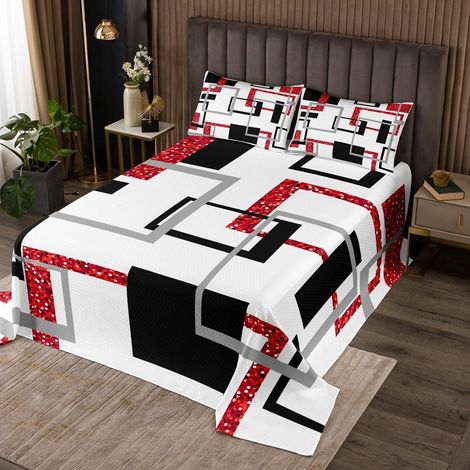 Couvre-Lit Rayée Noir et Blanc 240x220 cm avec 2 Taies d'oreiller, Dessus de Lit Ado Fille Paillettes Rouge, Couverture de Lit Moderne Abstrait, Jetés de Lit (1/4)