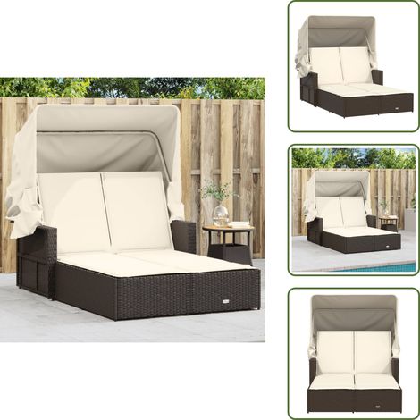 The Living Store Doppel-Sonnenliege mit Dach und Auflagen Braun Poly Rattan - Doppel Liege - Sonnenliege - Gartenliege - Outdoor Liege - Relax Liege (1/5)
