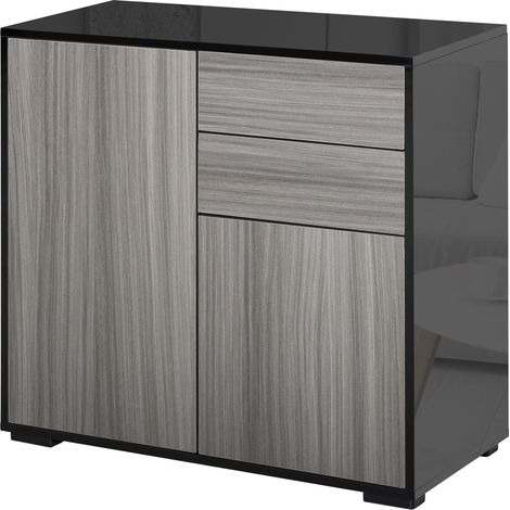 High Gloss Push-Open Side Cabinet with 2 Drawer, 2 Door Cabinet for Home Office Black and grey (1/5)