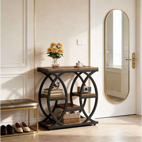 Table d'appoint compacte marron en métal et bois avec rangements multicouches (1/5)