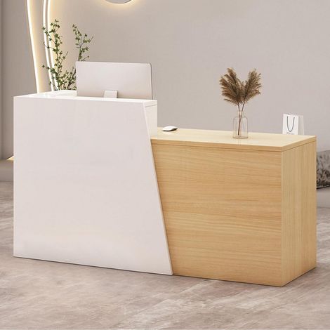 Empfangstheke mit Schublade & Fächern, 160cm, Weiß + Holz, Links (1/5)