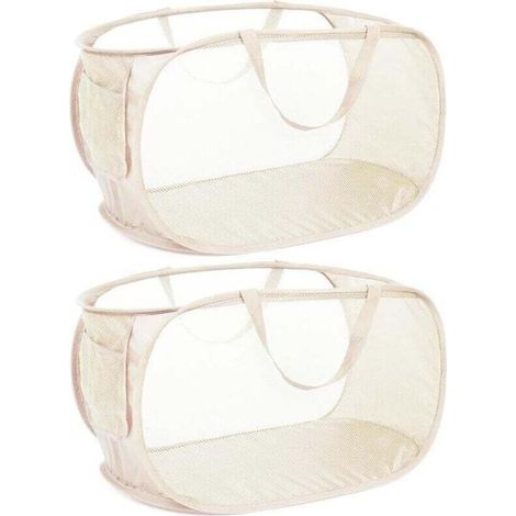 Panier à linge pliable en maille résistante, avec poches latérales et poignées renforcées, idéal pour la lessive, la salle de bain, les chambres d'étudiant ou les voyages. Lot de 2, beige. (1/4)
