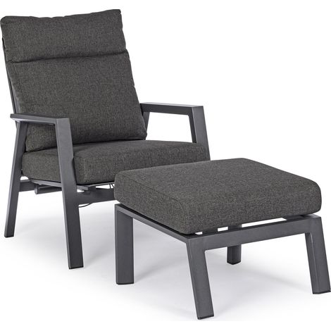 Sessel "Kledi" mit Kissen aus Aluminium und Texilene, verstellbar, für Garten und Terrasse -Sessel mit Pouf / Anthrazit