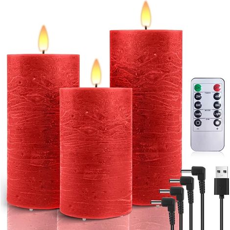 USB Rechargeable LED Candles Flickering Flame LED Candles, Flameless LED Candles, Pillar Candles for Halloween, Christmas, Birthday and Parties Red (1/5)